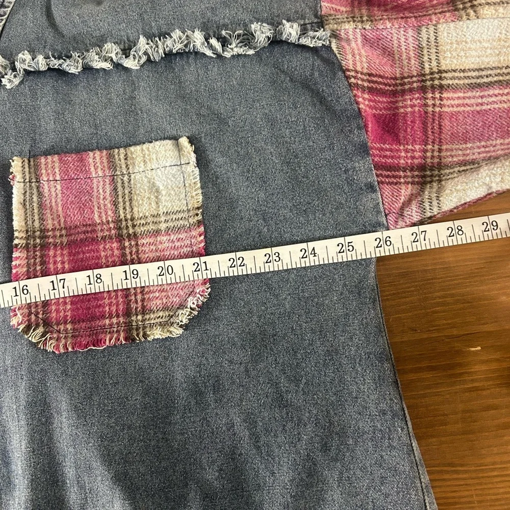 Umgee Boho Oversized Baggy Distressed Fringe Washed Denim & Plaid Shacket Sz M